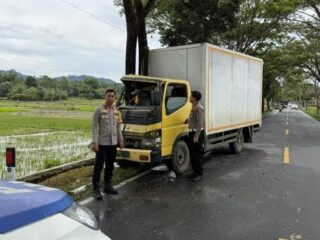 Diduga Mengantuk, Truk di Kerinci Hantam Pohon Hingga Rusak