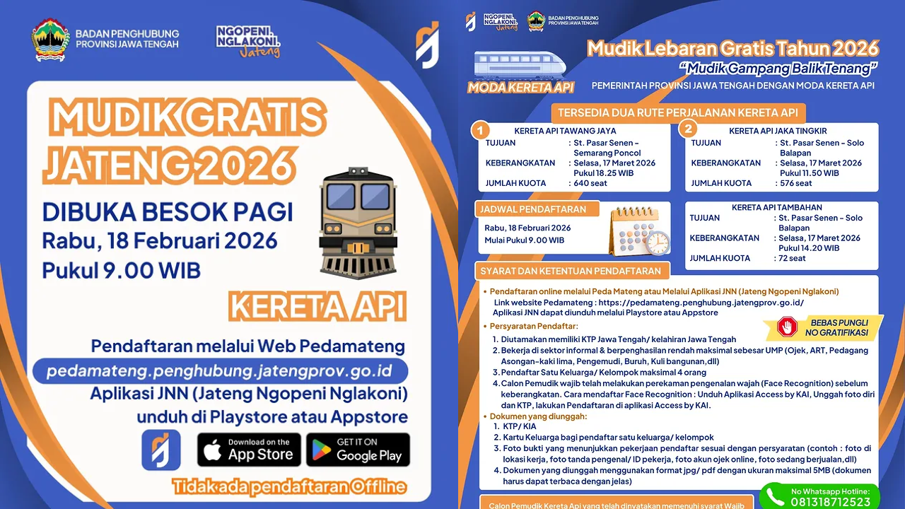 Dibuka Hari Ini, Link dan Syarat Mudik Gratis Pemprov Jateng 2026 via Kereta Api