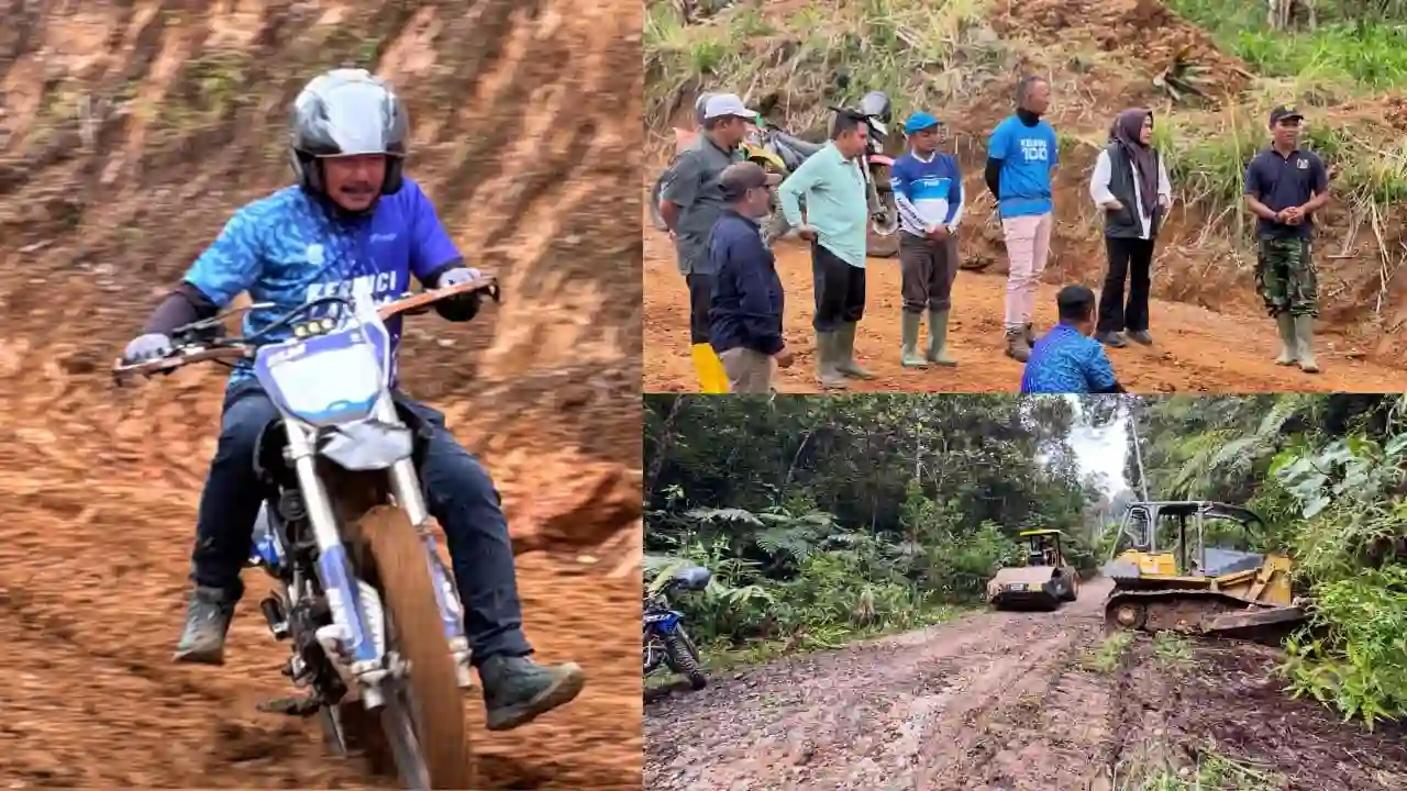 Tunggangi Motor Trail, Bupati Monadi Kembali Cek Proyek Jalan Renah Pemetik