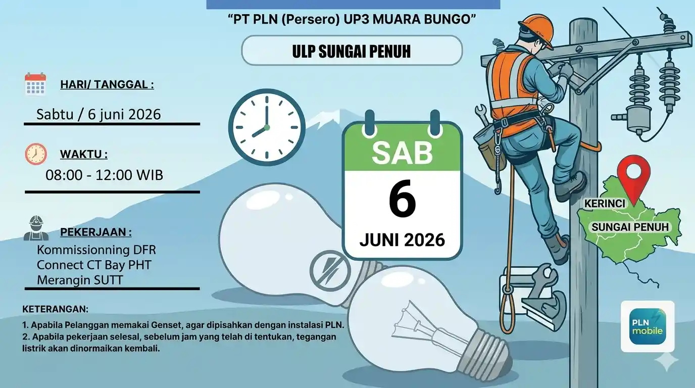 Jadwal Pemadaman Listrik Kerinci dan Sungai Penuh Sabtu 6 Juni 2026
