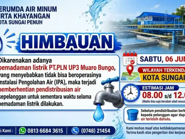 Besok Listrik Padam, Air PDAM Sungai Penuh Mati Sementara