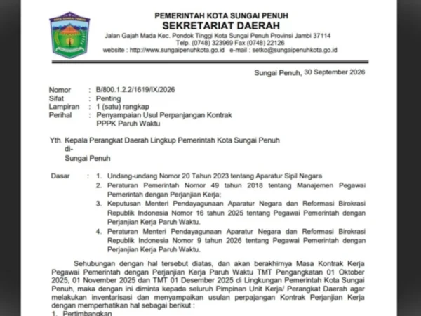 Ini Syarat Perpanjangan Kontrak PPPK Paruh Waktu Sungai Penuh